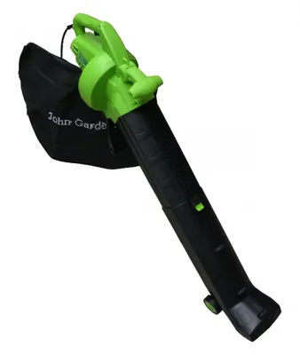 A green and black leaf blower with a collection bag.
