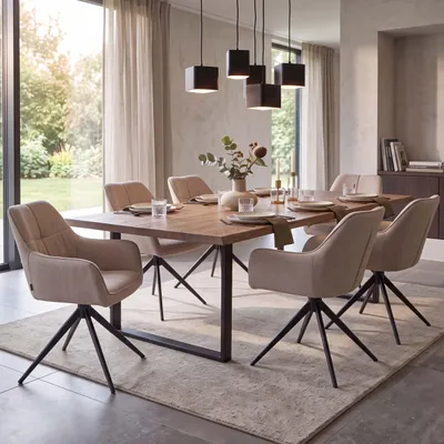 Immagine prodotto di Set di 6 sedie da pranzo modello HWC-O47, sedia da cucina con braccioli, girevole con sistema di ritorno automatico, rivestita in tessuto (270g/m²), colore beige