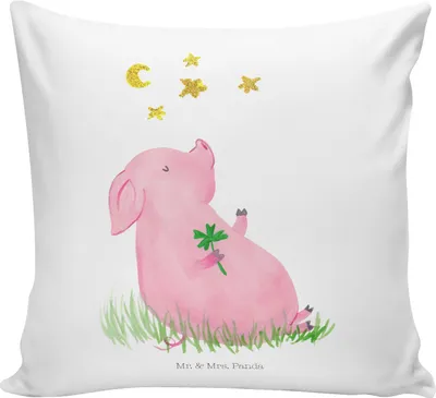 Produktbild von Mr. & Mrs. Panda Kissen 40x40 Schwein Glück - Weiß - Geschenk, Polster, Ziele, Kuschel, Träume, Glücksbringer, Deko, Kuschelkissen, Sofa, Gute Laune, bedruckt, Motivation