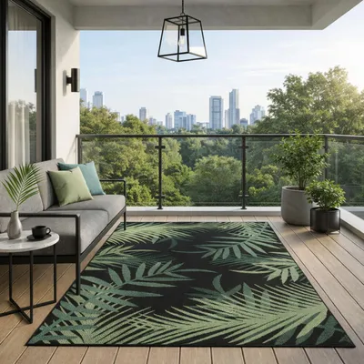 Produktbild von In- und Outdoor Teppich Terrasse& Balkon Küchen Teppich Palmen Design Schwarz