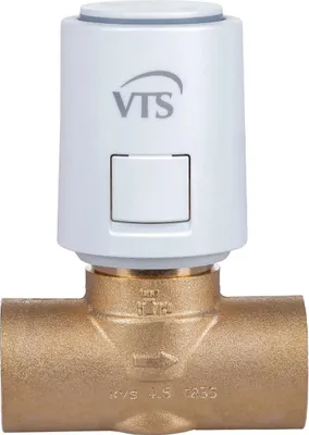 A close-up studio shot of a brass valve with a white control unit on top.