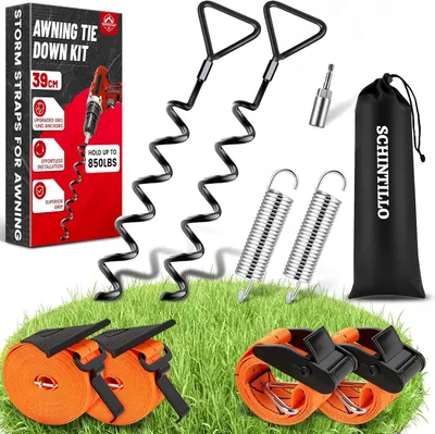Productafbeelding van Windbeveiligingsset voor camperluifels en caravanluifels met 2 ankers, 2 riemen, 2 veren en opbergtas