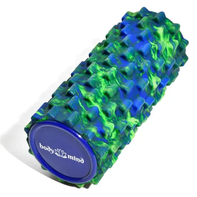 A textured foam roller with a marbled green and blue pattern, shown on a white background.