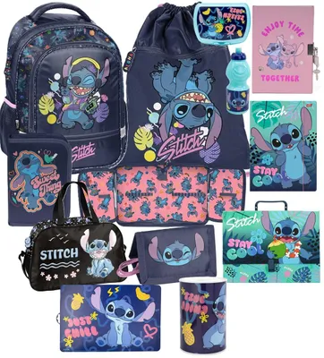 Image de Lot de 12 pièces Lilo et Stitch : sac à dos, cartable, trousse, sac de sport, gourde, boîte à goûter, sac de sport, pochette. Cartable STITCH pour filles