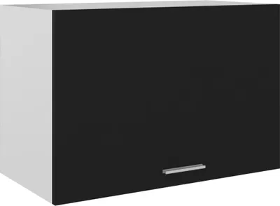 A modern, minimalist kitchen wall cabinet with a black door and a white side.