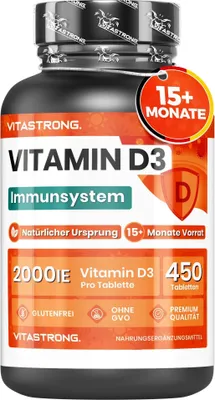 Zdjęcie produktu dla Witamina D3 2000 IU 50mcg, (1 tabletka co 2 dni) 450 tabletek Witamina D3 cholekalcyferol (15+ miesięcy), układ odpornościowy, kości, zęby, mięśnie, suplement wysokiej dawki witaminy D3, Vitastrong