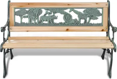 A garden bench with a decorative backrest featuring animal carvings.