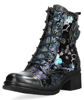 Produktbild von Laura Vita Damen Stiefelette Leder Pailletten Blütenaufnäher KALINEO 34, Größe:39 EU, Farbe:Blau