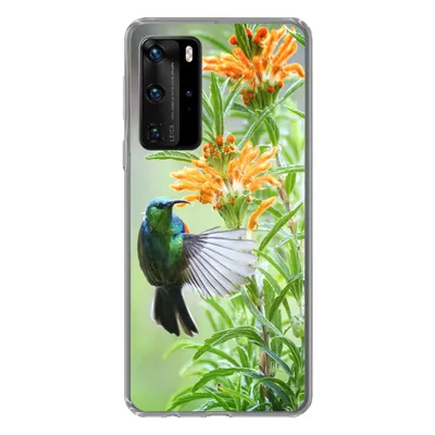 Produktbild von MuchoWow® Handyhülle Schutzhülle Hülle für Huawei P40 Pro Nahaufnahme eines bunten Vogels neben Pflanzen mit orangefarbenen Blüten Silikon Softcase Handy Hülle - Schutz