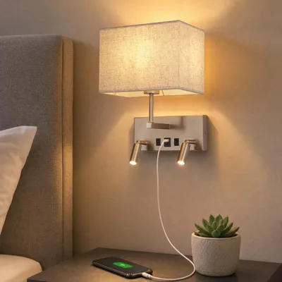 Immagine prodotto di Lampada da parete interna ZMH con interruttore, design moderno, portalampada E27, paralume in tessuto, funzione di ricarica, due lampade da lettura LED orientabili a 360° per l'uso come lampada da comodino in camera da letto