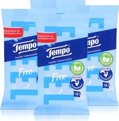 Produktbild von 4x Tempo Feuchte Toilettentücher sanft & pflegend Travelpack, mit Kamille 10er