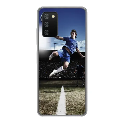 Produktbild von MuchoWow® Handyhülle Schutzhülle Hülle für Samsung Galaxy A03s Fußballspieler macht einen Volley Silikon Softcase Handy Hülle - Schutz
