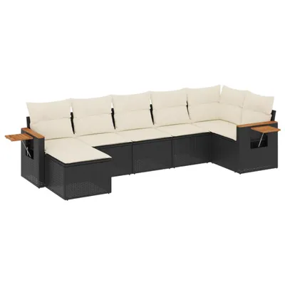 Produktbild von 7-teilige Garten-Sofagarnitur, modular, Poly Rattan, pulverbeschichteter Stahl, UV-beständig, Schwarz, Cremeweiße Kissen, abnehmbare Bezüge