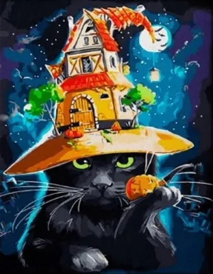 Obrázok produktu pre Diamantová mozaika – mačka v klobúku, motív na Halloween, kreatívna výšivka, 30x40 cm