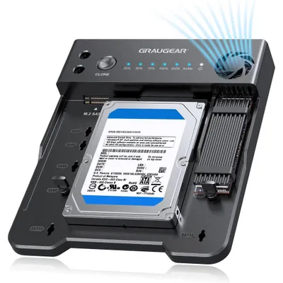 A product shot of a multi-drive docking station with a hard drive and an M.2 SSD inserted.