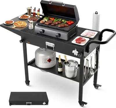 Image de VEVOR Chariot de barbecue d'extérieur 787 x 432 mm (dimensions du plateau), table de barbecue pliable avec porte-serviettes, crochets, roulettes et tablette latérale, table de préparation pour barbecue, chariot de service pour pique-nique, cuisine, jardin
