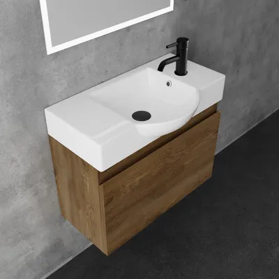 Produktbild von Alpenberger Badezimmermöbel Set | Waschbecken mit Unterschrank 55 cm Breit | Badezimmerschrank Badschrank Schmal | Badmöbel Waschtisch | Waschbeckenunterschrank Eiche