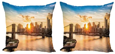 Immagine prodotto di ABAKUHAUS Set copricuscino New York (2 pezzi), Paesaggio urbano del ponte di Brooklyn e del centro del fiume Hudson di Manhattan da foto culturali, 40 x 40 cm, Multicolore