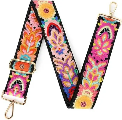 Image de Sangle d'épaule réglable et colorée Unyqoos® avec motifs floraux brodés – Largeur de 5 cm, longueur de 65 à 130 cm, en toile avec crochets métalliques, idéale pour sacs à main, sacs cabas et sacs pour ordinateur portable