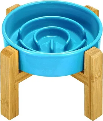 Obrázok produktu pre Vyvýšené keramické pomalé krmítko pre malé plemená - nebesky modré Ø 16 cm 400 ml