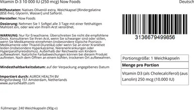 Produktbild von Vitamin D-3 10 000 IE 240 Weichkapseln Now Foods