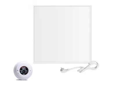 A white infrared heating panel with a white thermostat and a white power cord on a white background.
