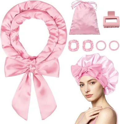 Zdjęcie produktu dla Zestaw Unyqoos® składający się z 8 bezgrzealnych lokówek wykonanych z satyny (178 cm) – zawiera również satynową opaskę do spania, woreczek do przechowywania, spinki do włosów i gumki do włosów