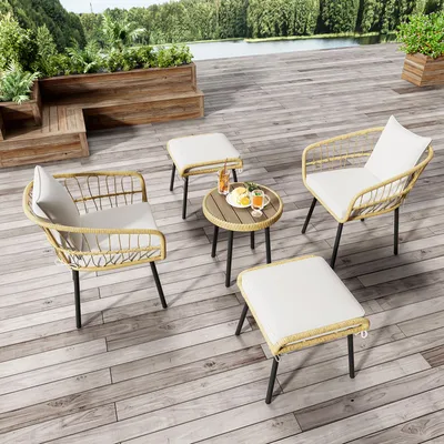 Image de Ensemble de salon de jardin Zerboco, 5 pièces, table à manger, 2 chaises, 2 tabourets, rotin, couleur naturelle