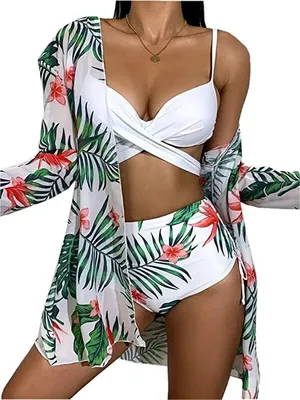 Produktbild von Damen y Crossover Gepolstert Push Up Bauchweg Rückenfrei Bikini-Set Badeanzug Dreiteiliger Anzug - L