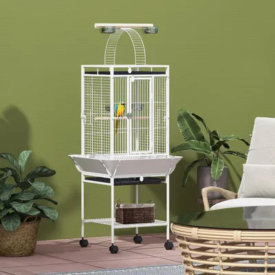 Produktbild von Vogelkäfig mit 3 Türen, Papageienkäfig, Wellensittichkäfig, Stahl, Weiß | 62,5 x 62,5 x 156 cm | 4 Edelstahlnäpfe | 360° Rollen