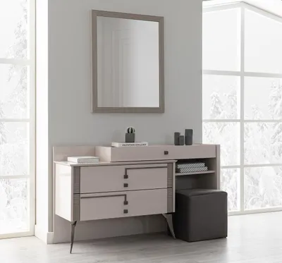 Produktbild von Beiger Schlafzimmer Set Designer Schminktisch Spiegel und Hocker 3tlg