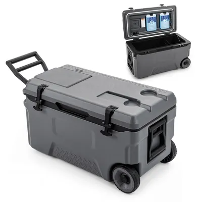 Immagine prodotto di COSTWAY Frigorifero portatile da 50 litri, grande contenitore termico in plastica con rotelle e maniglia, contenitore termico portatile con tappo di scarico, portabevande e chiusura di sicurezza