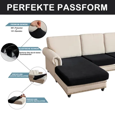 Obrázok produktu pre Poťah pohovky žakárový károvaný Pohovka v tvare L s 2 samostatnými sedadlami a 1 lehátkom, poťah pohovky elastický protišmykový, poťah vankúša elastický čierny