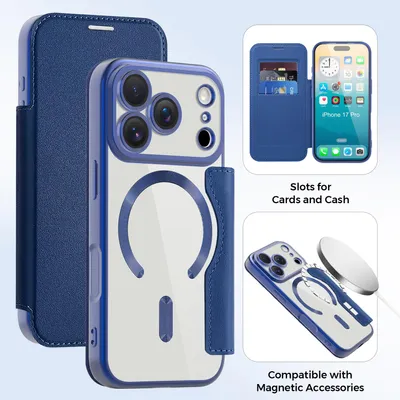 Obrázek produktu pro Pouzdro pro iPhone 17 Pro kompatibilní s MagSafe, průhledné pouzdro s držákem karet, kožené pouzdro s ochranou kamery modré