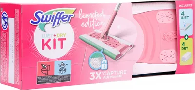 A product box for a Swiffer Wet + Dry Kit.
