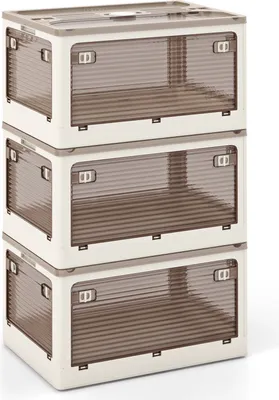 Three stackable storage boxes with transparent fronts are shown against a white background.