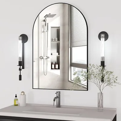 Imagen del producto de Espejo de pared con forma arqueada, 60 x 90 cm, color : marco de metal, montaje en pared, ideal para salón, dormitorio o baño
