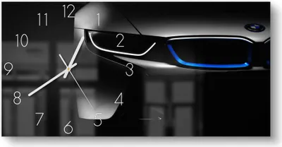 Produktbild von DEQORI Glasuhr 60x30 cm Zahlen 'BMW i8 Frontalaufnahme' Wanduhr Glas Uhr Design leise