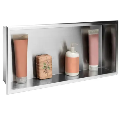 A bathroom shelf with toiletries.