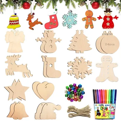Immagine prodotto di 90 pezzi di decorazioni natalizie in legno, set per creare ornamenti, con corda, perline e campanelli