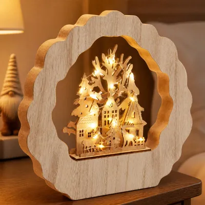 Productafbeelding van SALCAR LED kerstdecoratie van hout, 22 cm. Kerstdorp, 20 LED's, warm wit licht, op batterijen, kerstdecoratie voor tafel en raam