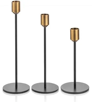 Zdjęcie produktu dla Zestaw 3 metalowych świeczników Unyqoos® w kolorze antycznego złota i matowej czerni, o wymiarach 14/20/24 cm – stabilna dekoracja stołu do świec prostych i świec stołowych na baterie