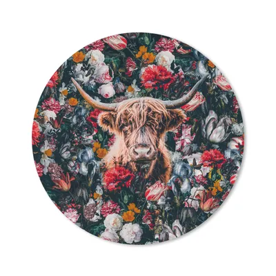 Produktbild von MuchoWow® Mauspad Mousepad Schottischer Highlander - Blumen - Tiere - Hoorn 50x50 cm - Mousepads - Maus Mat - Pad - Mausunterlage - Vinyl