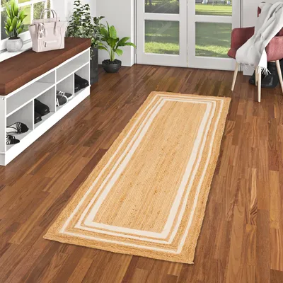 Produktbild von Naturfaser Teppich Läufer Handgefertigt Jute Salsa Creme Bordüre, Größe:80x150 cm