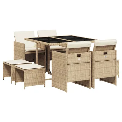 Produktbild von 9-tlg. Garten-Essgruppe mit Kissen Beige Poly Rattan