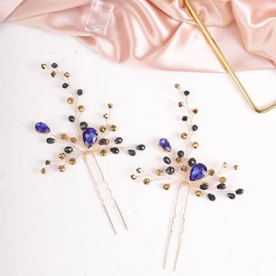 Productafbeelding van Gouden Haarspelden met Blauw en Zwart Rhinestone (2-Pack)