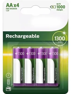Obrázok produktu pre Nabíjateľné batérie s kapacitou 1300 mAh, nikel-metalhydridové (NiMH) batérie, 1,2 V. Balenie