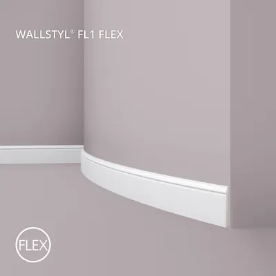 A white flexible baseboard molding is shown installed along a curved wall and a straight wall in a room with light purple walls and floor.