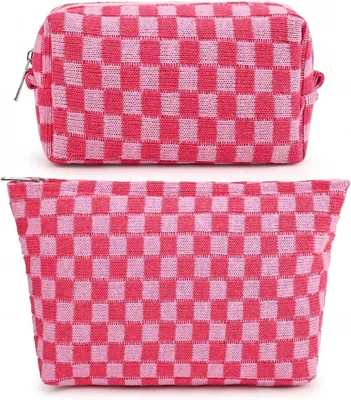 Produktbild von Kosmetiktasche - 2er Set - Große und kleine Kulturtaschen - Reisetaschen mit Karomuster - Tragbare Kosmetiktaschen für Damen und Mädchen - Rosa