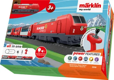The image shows the packaging of a Märklin Glacier Express starter set for toy trains.
